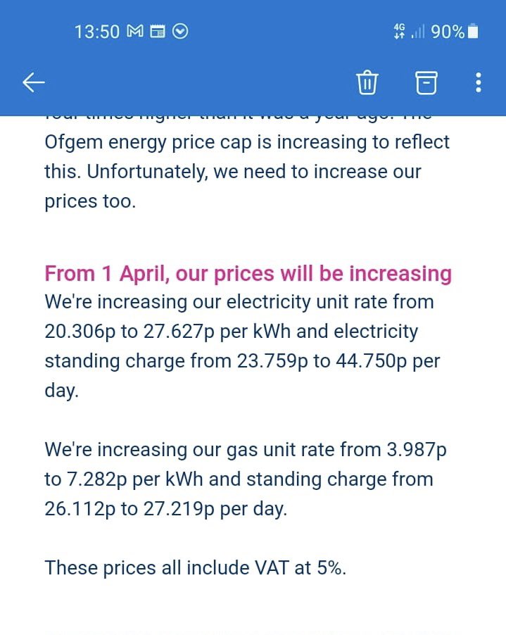 laurafaulkner83's tweet photo. @MartinSLewis @MoneySavingExp could I please ask for your help with something? We're with Bulb and understand the gas and electric prices are going up, but do you know why the electric standing charge is almost doubling? Thank you https://t.co/yslxojTIFt