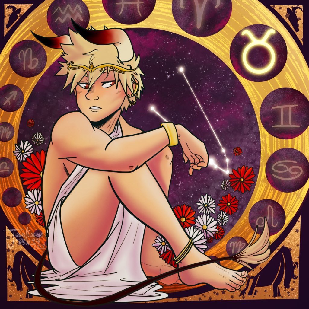 JacksonBlu14's tweet photo. Can finally post my Taurus: Bakugou piece I did for the @AstraeusZine! Still really happy with how this turned out and glad to finally share it with y’all 🧡♉️ https://t.co/qPOV0lqwJt