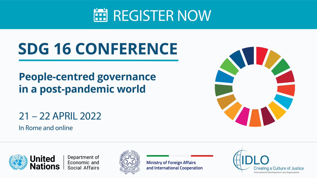 cooperazione_it's tweet photo. 🔈Registrations for the #SDG16Conference are now open!
 
🗓️ On 21/22 April, join @IDLO @cooperazione_it @UNDESA conference on people-centred governance in a post-pandemic world.
 
Register ➡️ https://t.co/IbKmQxHyLW
 
#GlobalGoals #SDG16 https://t.co/8ctAS2AE9B