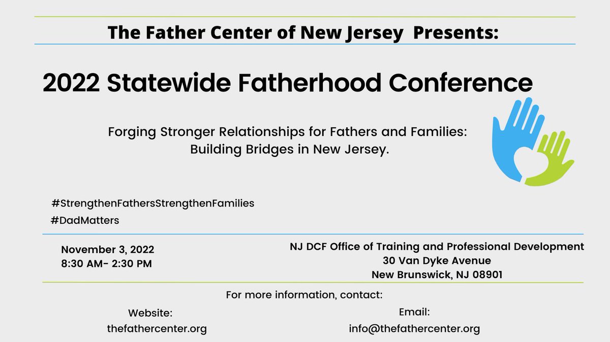 TheFatherCenter's tweet photo. TFCNJ is excited to announce that we are holding our 1st Annual Statewide Fatherhood Conference on 11/3/ 2022! 

Stay tuned for more details! 

#thefathercenter #dadmatters #fatherhood #savethedate #fatherhoodconference #StrengthenFatherStrengthenFamilies https://t.co/6cKB3Yu3Dt