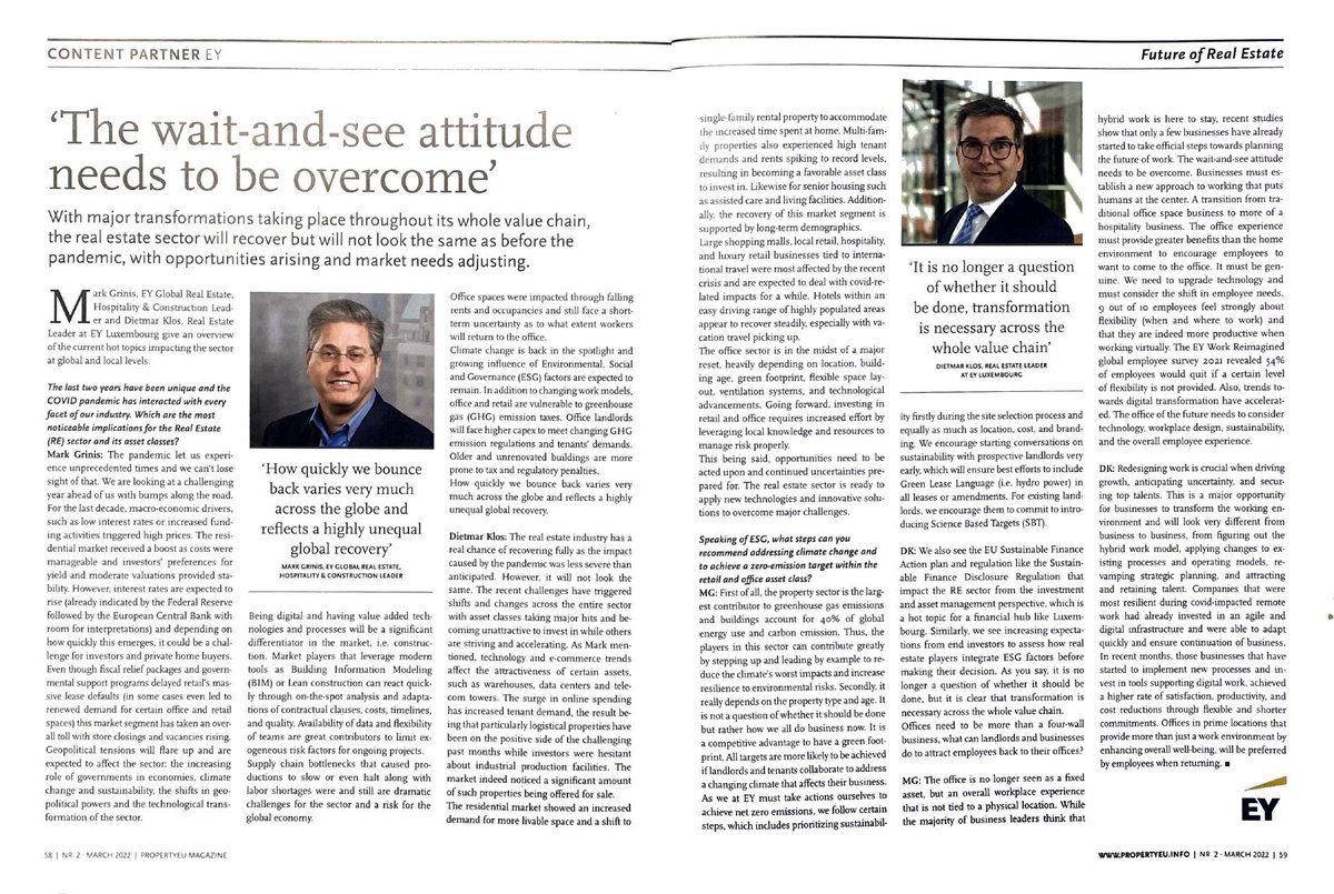 EY_Luxembourg's tweet photo. Dietmar Klos, our Real Estate Leader, and Mark Grinis, Global Real Estate Leader, offer an insight into current issues affecting the #RealEstate sector worldwide and locally, in this article published by #PropertyEU.
Full article here: https://t.co/Ch2gsJLPlo https://t.co/U9NcUuauv4