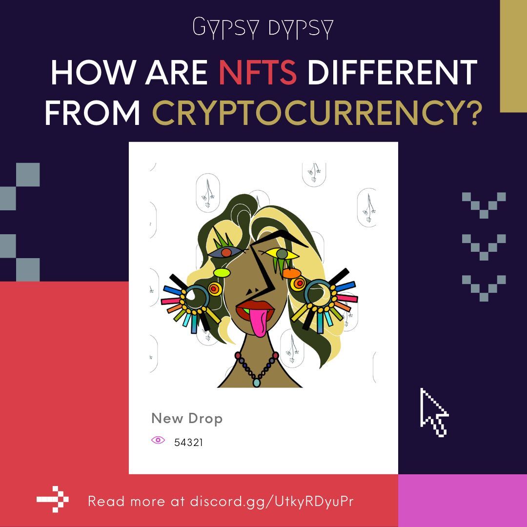 GypsydypsyNft's tweet photo. How Are NFTs Different From Cryptocurrency?
⠀
NFTs are not the same as cryptocurrency. An NFT uses cryptocurrency to conduct the transaction. It uses the same blockchain technology that cryptocurrency uses but the asset is set up differently. https://t.co/erOkFC6x0j