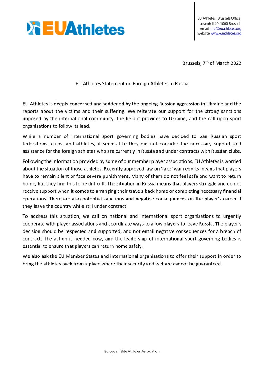 EUAthletes's tweet photo. We call on sport organisations to urgently cooperate with player associations and coordinate ways to allow athletes to leave Russia. The player’s decision should be respected and not entail negative consequences for a breach of contract.
Statement on Foreign Athletes in Russia⬇️ https://t.co/TyONz6zWqG