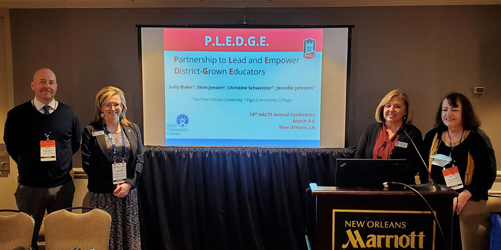NIUCOE's tweet photo. #MondayMotivation: Our Sally Blake, Jennifer Johnson and Christy Schweitzer joined Sean Jensen of @ElginCommColl at @AACTE in NOLA to present on our PLEDGE (Partnering to Lead and Empower District-Grown Educators) initiative: https://t.co/Kgrs7Uznur #AACTE22 @NIUlive @niu_alumni https://t.co/C4famsucyY
