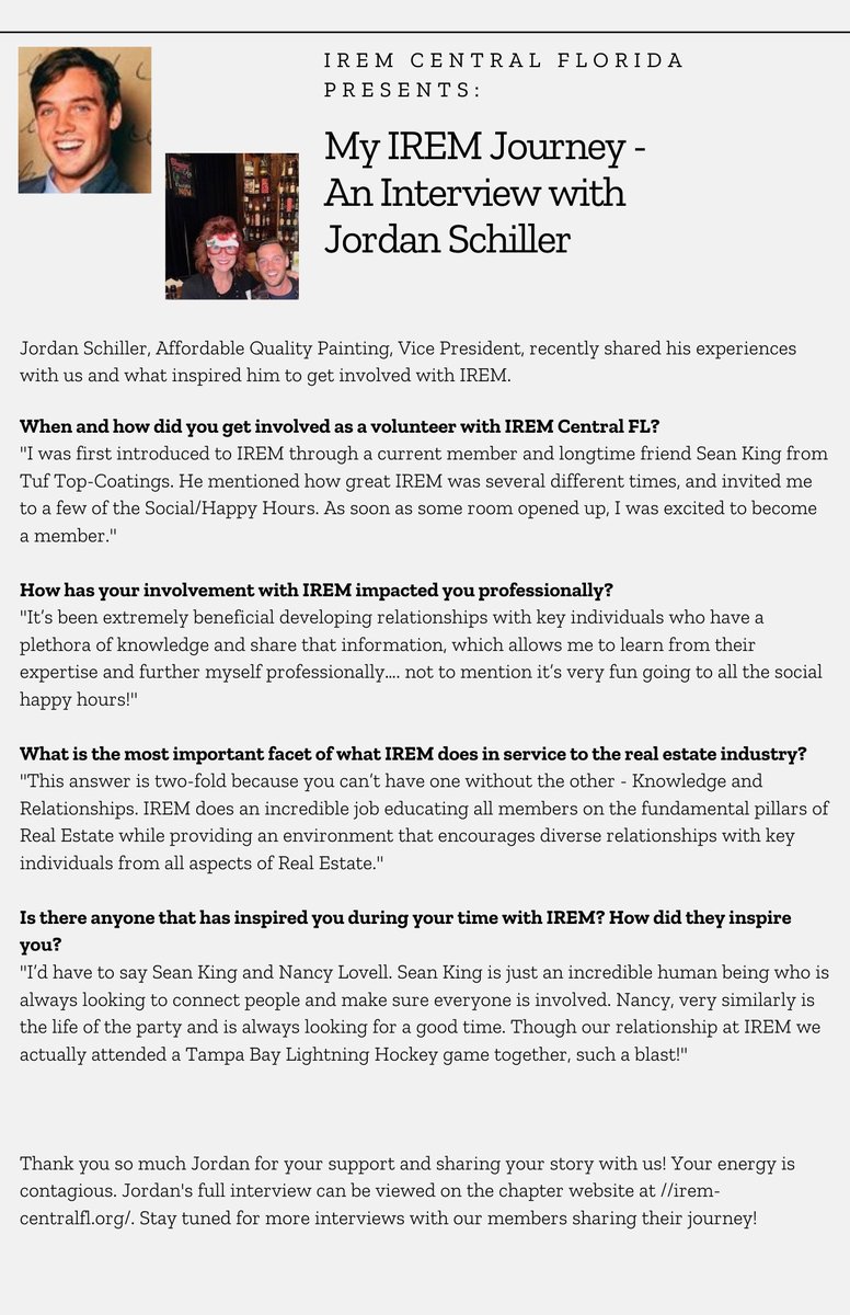 IREM60's tweet photo. For over 85 years, our IREM members have made us the world’s strongest voice for all things real estate management. We reached out to our members to ask "Why IREM?". Here is our fourth member spotlight, Jordan Schiller with  Affordable Quality Painting. Thank you Jordan! https://t.co/e2g0oIqXWb