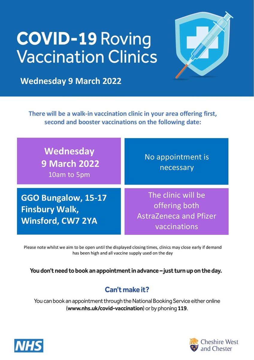 weavervale's tweet photo. DROP INTO THE GGO BUNGALOW THIS WEDNESDAY 🙂  Covid-19 rates are still high in some local areas and the NHS is holding a drop-in vaccination on Wednesday 9th March at the GGO Bungalow in Winsford - 1st, 2nd, 3rd vaccine.  No appointment or ID needed ✅ #Winsford #Covid19 https://t.co/5ozyQx9J0g