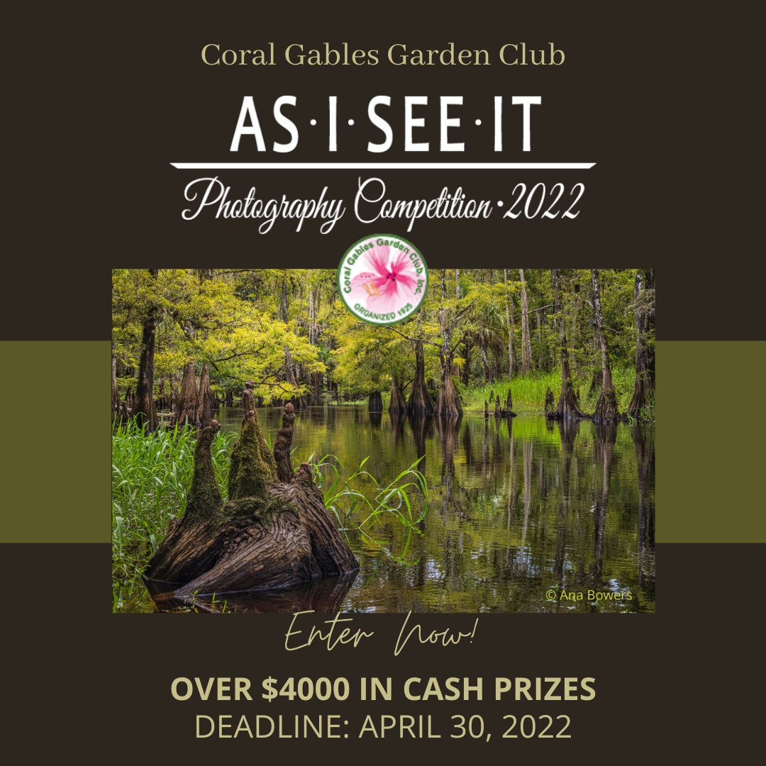artcontests's tweet photo. Coral Gables Garden Club Call to Photographers - As I See It Photography Competition 2022 - Submissions begin April 1st. DEADLINE: April 30, 2022. https://t.co/pr7kRNZiXy
#TheArtList #CoralGablesGardenClub #CalltoPhotographers #AsISeeItPhotographyCompetition2022 https://t.co/nc5L2jupgS