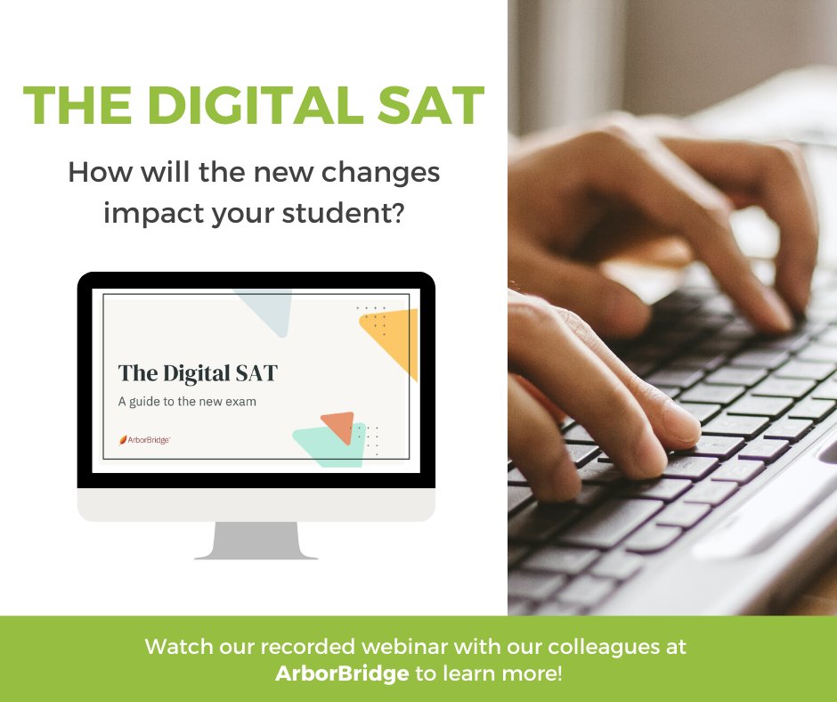 ADVCollegePlan's tweet image. Are you confused about how the new changes to the SAT will affect you?

Watch our recorded webinar on our website with our partners at ArborBridge! ✅

#digitalsat #SATchanges #collegeadmissionstips #NCcollegeconsultants @ArborBridge