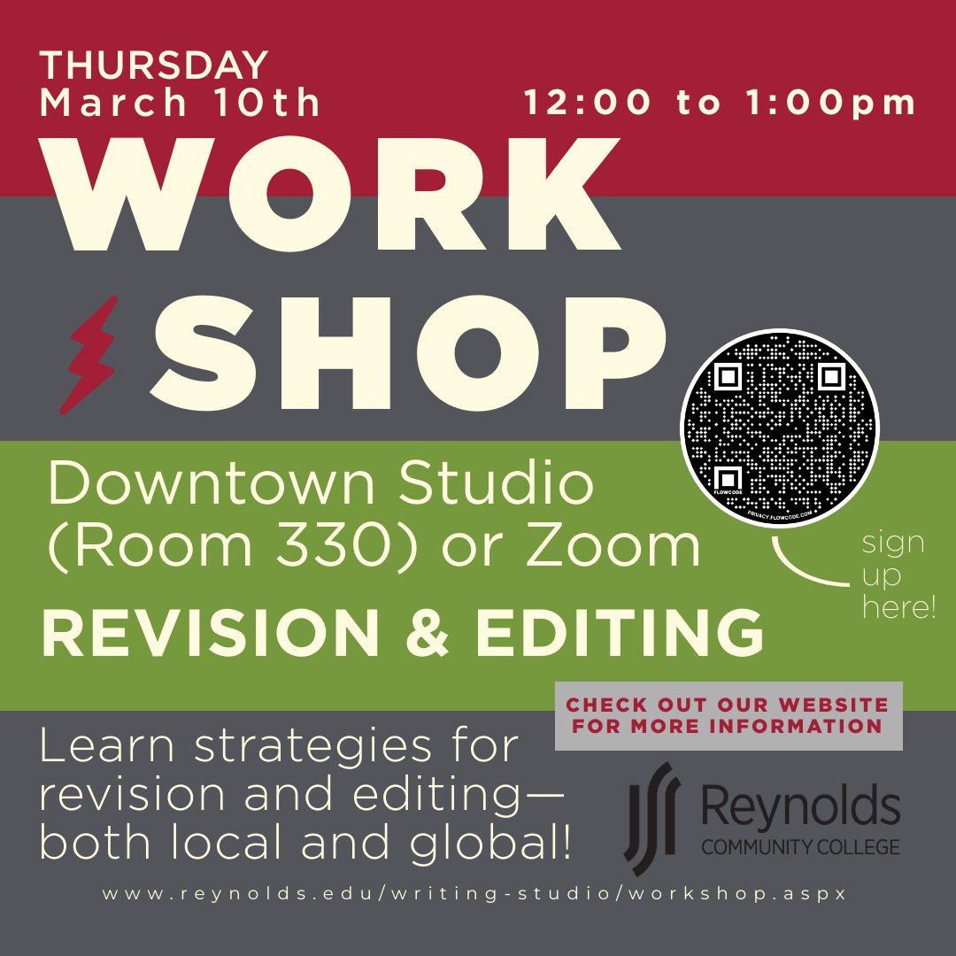 WritingReynolds's tweet photo. We've got another Writing Workshop coming at you on Thursday! It's from 12pm - 1pm, and the topic is Revision & Editing. Sign up on our website (or use the QR code there): https://t.co/ieTJpd5WmL #createconsultcompose #reynoldswritingstudio #reynoldscommunitycollege https://t.co/5t0ezkR9IH