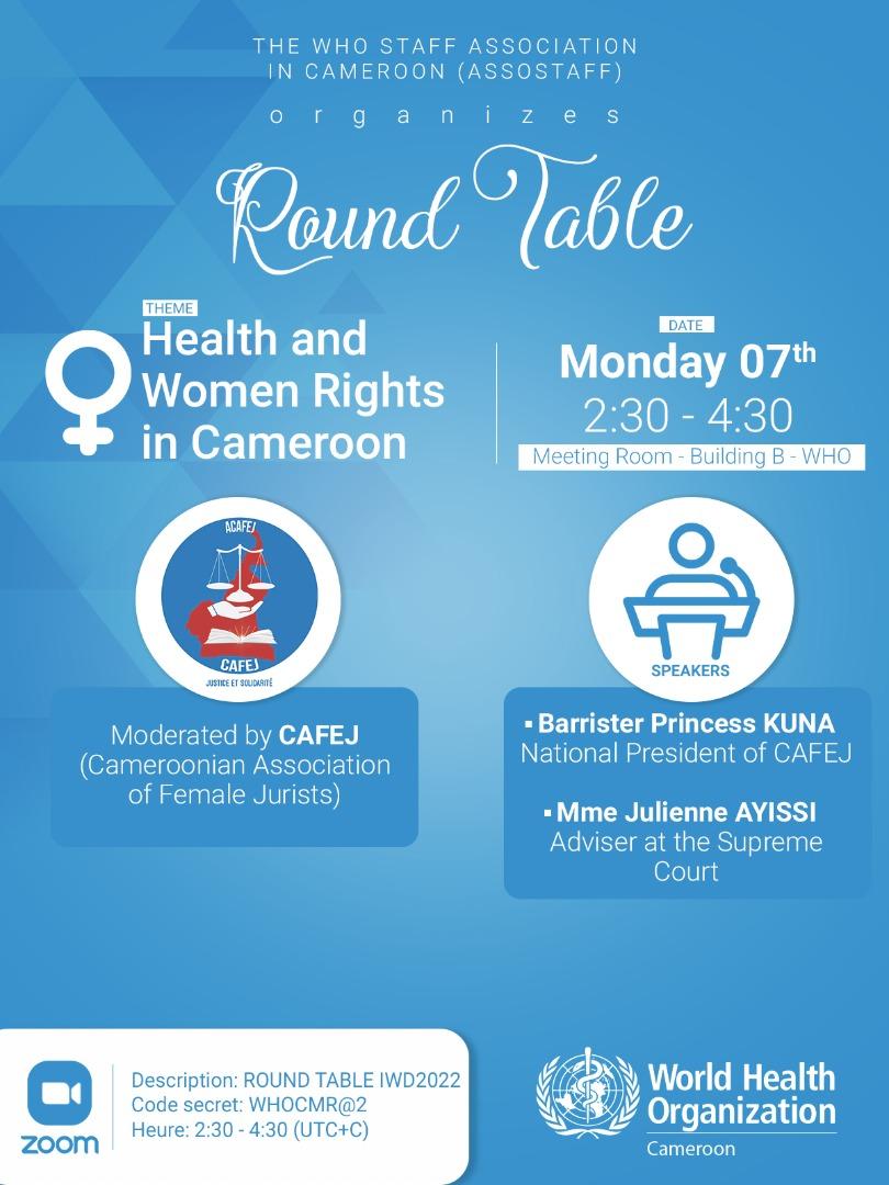 whocmr's tweet photo. #IWD2022 #HappeningNow The WHO Representative @PhanuelHabimana discussion with the panelists Princess Kuna Christine President of @ACAFEJ  and Madame Ayissi Julienne Councellor at #Cameroonsupremecourt in presence of all staff on women, health and rights @UN_Cameroon @WHOAFRO https://t.co/PbfSLBHeHK