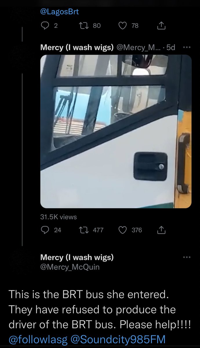 iSlimfit's tweet photo. It’s a good development that the driver of the BRT bus Bamise entered has now been arrested. But it’s very disheartening that the arrest wasn’t made several days ago when the incident was first reported. The friend even gave the bus number. Maybe she wouldn’t have died by now. https://t.co/faZW8EDZ38