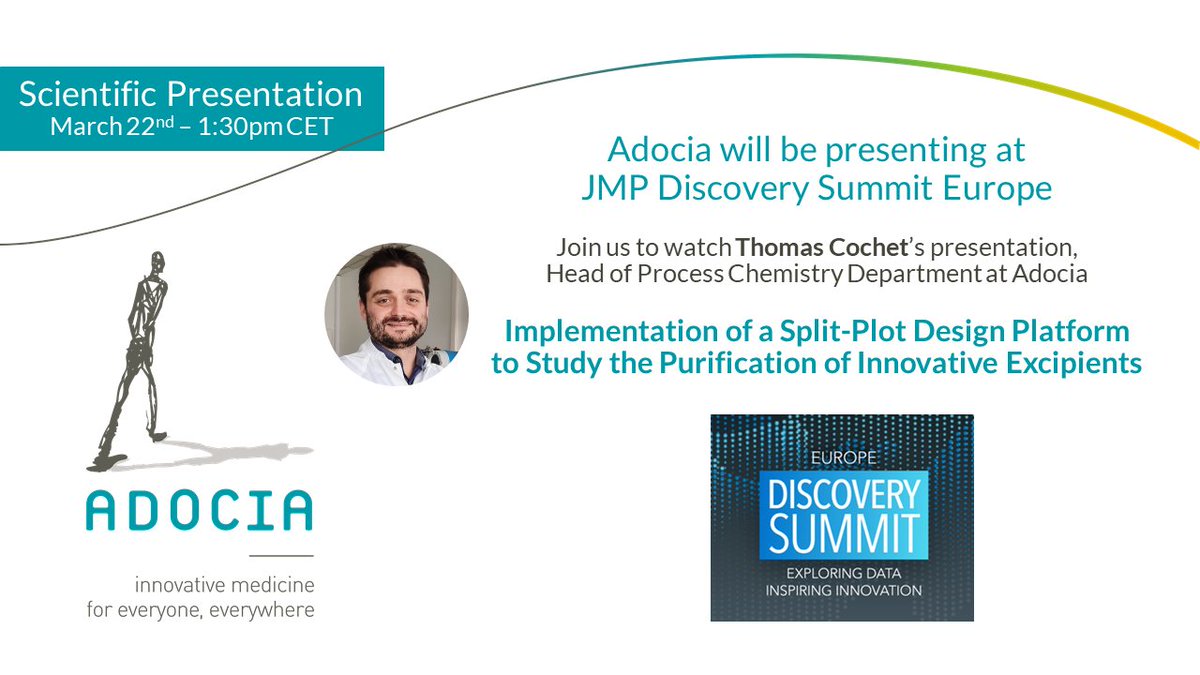Adocia Biotech (@adocia_biotech) on Twitter photo <a href="/Adocia_Biotech/">Adocia Biotech</a> will be presenting at <a href="/JMP_Europe/">JMP Europe</a> #DiscoverySummit, on March 22, 2022.
Join us to watch Thomas Cochet, PhD, presentation on the Implementation of a Split-Plot Design Platform to Study the Purification of Innovative Excipients.
#StatisticalDiscovery #biotech <a href="/Adocia_Biotech/">Adocia Biotech</a> will be presenting at <a href="/JMP_Europe/">JMP Europe</a> #DiscoverySummit, on March 22, 2022.
Join us to watch Thomas Cochet, PhD, presentation on the Implementation of a Split-Plot Design Platform to Study the Purification of Innovative Excipients.
#StatisticalDiscovery #biotech