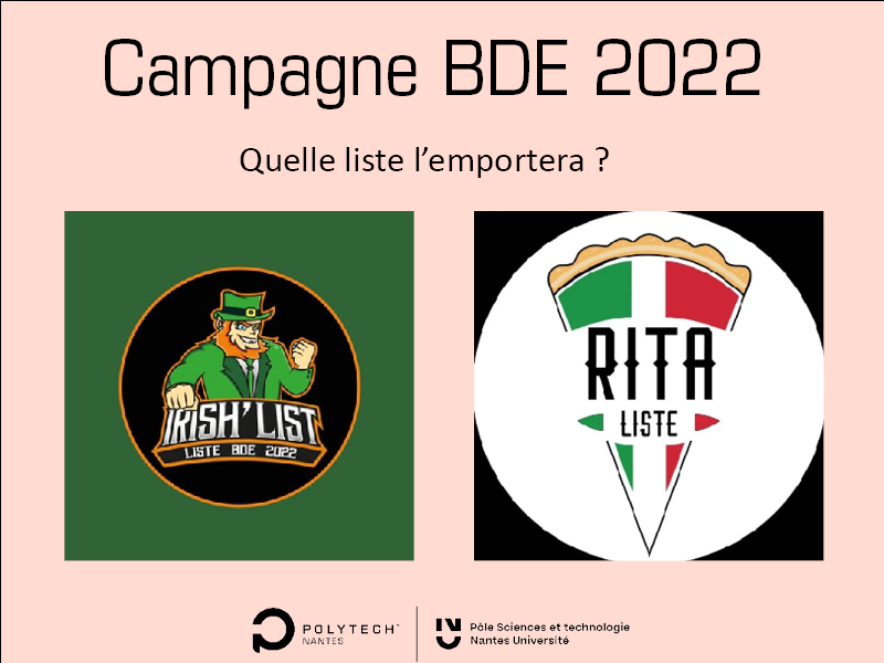 PolytechNantes's tweet photo. [Campagne BDE 2022] 🙌

Deux équipes en lice cette année : 
🇮🇪 Irish'List
🇮🇹 Ritaliste
Qui prendra la place du Bde polytech nantes chantrerie ?
🗳️Fin de la campagne le 18 mars
#bde #campagne #election #polytechnantes #reseaupolytech #ingenieur https://t.co/TEryCLcDmS