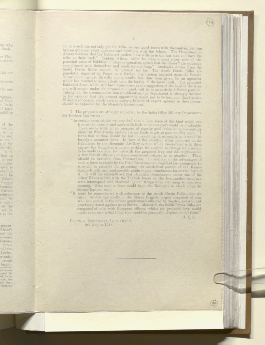 'Persia. Bakhtiari Offer of Military Assistance.':

This file consists of a note, written by John Evelyn Shuckburgh, Secretary, Political Department, India Office .