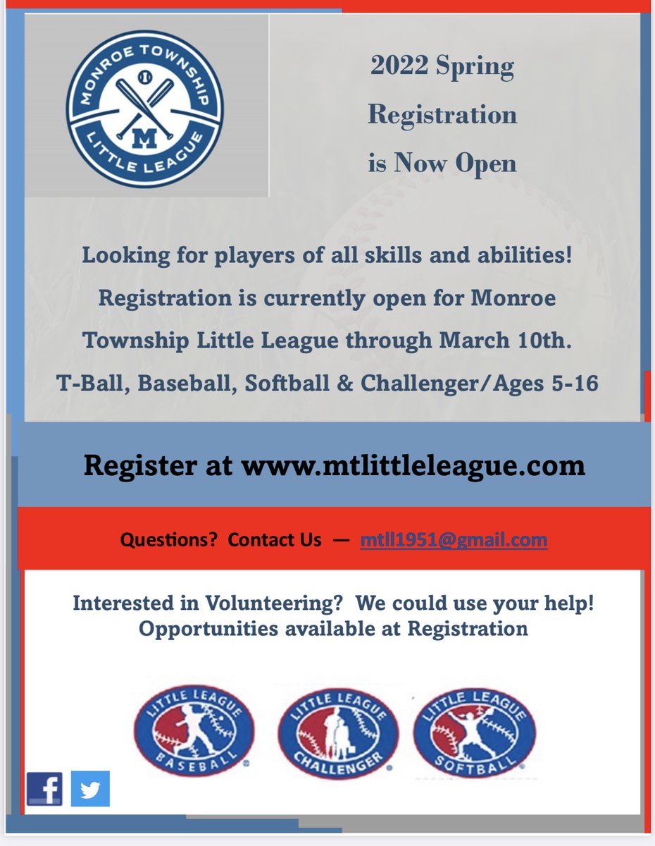MonroeTwpLL's tweet image. Still time to register your child(ren) for Spring Baseball/Softball ...

But time is winding down!

Preparations for the seasons begin soon. Please sign up now!