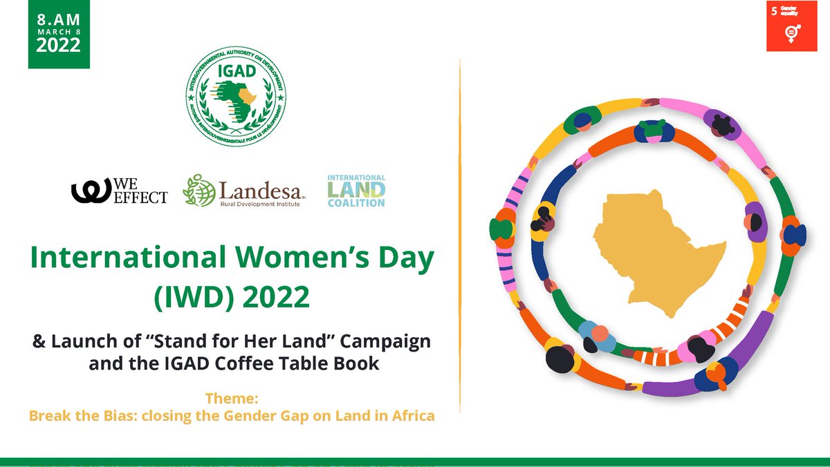 IGADLGP's tweet photo. Celebrating the #InternationalWomenDay #IWD2022 

Focusing on Secure Women's Land Rights in Africa + launch of the #IGAD Coffee Table Book 

Join the Zoom conversation on 8 March starting at 8 AM East Africa Time 
https://t.co/TWVmwFtAxc https://t.co/jAyIEXhZ2L