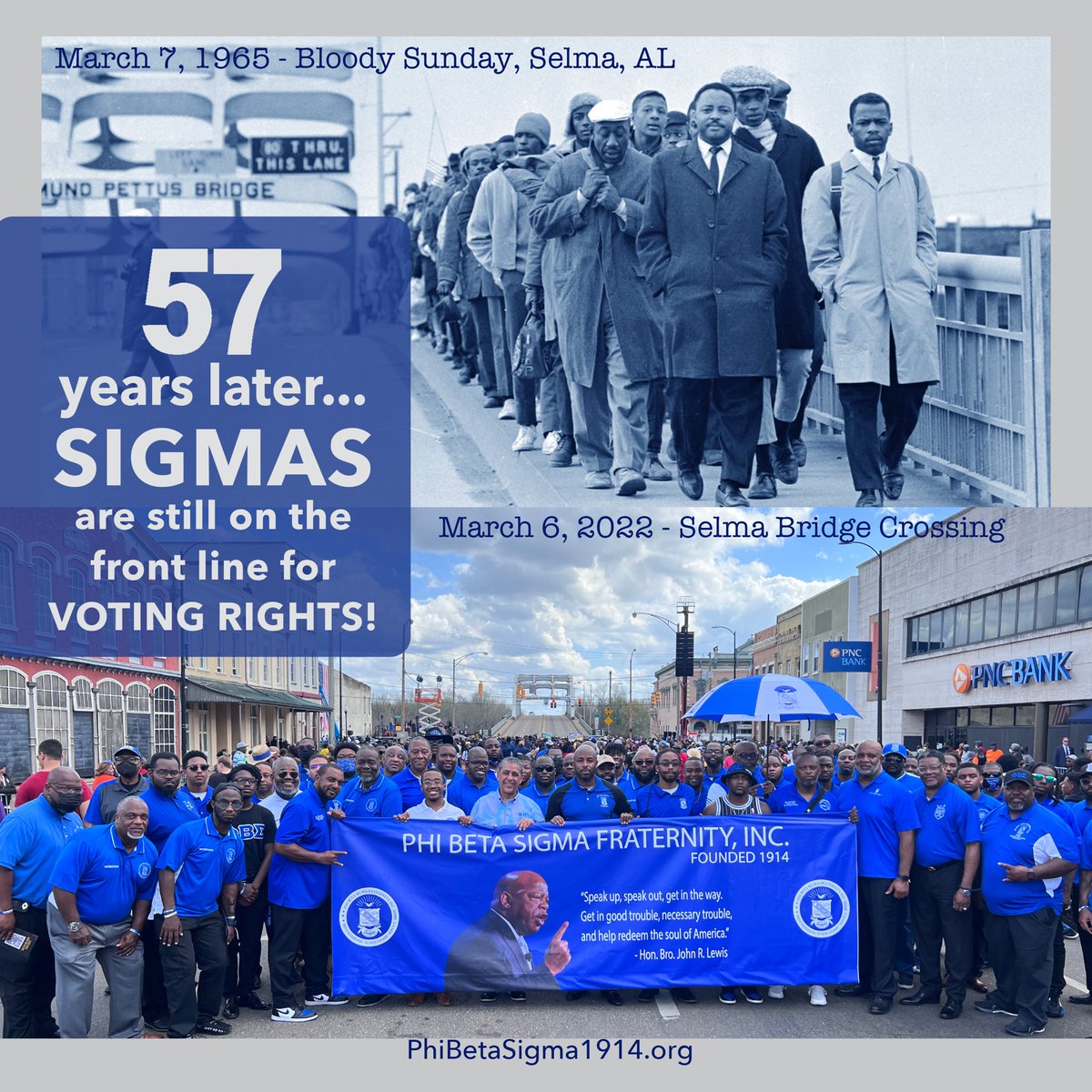 pbs_1914's tweet photo. Phi Beta Sigma remembers those who made sacrifices on Bloody Sunday to advance a better future for generations to come. 57 years later, Sigmas are still on the front line fighting for our #VotingRights. 

#GoodTrouble #pbs1914 #Sigma108 https://t.co/SFjvSD8tTI