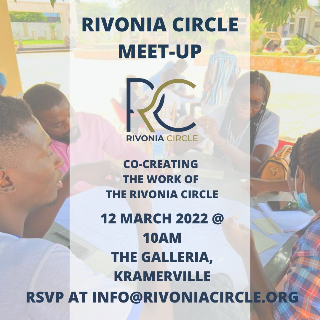 rivonia_circle's tweet photo. [RIVONIA CIRCLE MEET-UP]

Q: What is RC? What work does RC do? How can we partner? How do I get involved? 

A: On Saturday, RC hosts our first (hybrid) meet-up for anyone interested to know more &amp; co-create RC's work.

RSVP to attend in person or virtually. 

#StepintotheCircle https://t.co/h5YBSouDJz