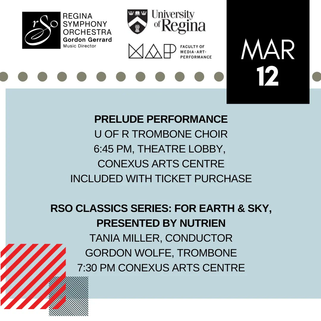 ReginaSymphony's tweet photo. NO SAD TROMBONE HERE 😎. We are thrilled to be back on stage at the Conexus Arts Centre on March 12 with Gordon Wolfe on trombone.  We have also partnered with the U of R  to present additional events where you can hear and learn more brass! https://t.co/WLPS3XVuJ6 https://t.co/lINhCinSLE