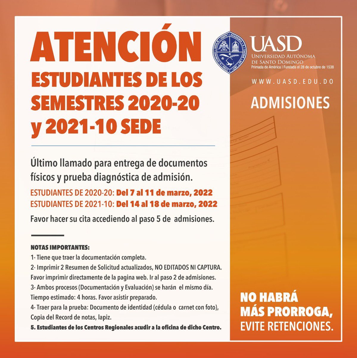 UniversidadUASD's tweet photo. ¡Aviso importante! https://t.co/B3KdD5MpP6