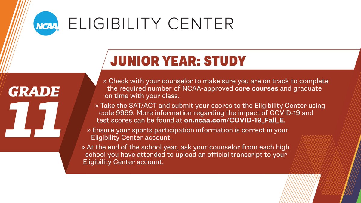 ncaaec's tweet photo. Junior year is important in the recruiting and initial-eligibility process. Stay up to date on what to do!

➡️ https://t.co/H02si41Qro https://t.co/YESXcQkDep