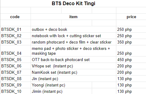 frolicboxph's tweet photo. Official BTS Deco Kit Tingi 

DOO: Until OOS
DOP: 100 php, balance on March 25

comment "mine + code" to order. no cancellation of order. https://t.co/hzKFbv0yPt