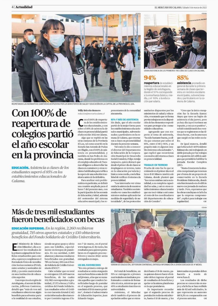 seremieducantof's tweet photo. 🗞¡Dos buenas noticias!🗞 Los medios de comunicación destacaron la gran asistencia presencial en los establecimientos 🏫 de la región de #Antofagasta 👏 y, también, a los más de 2mil alumnos(as) de la región que fueron beneficiados(as) con Gratuidad en Educación Superior😉 https://t.co/13sPGgw5MK