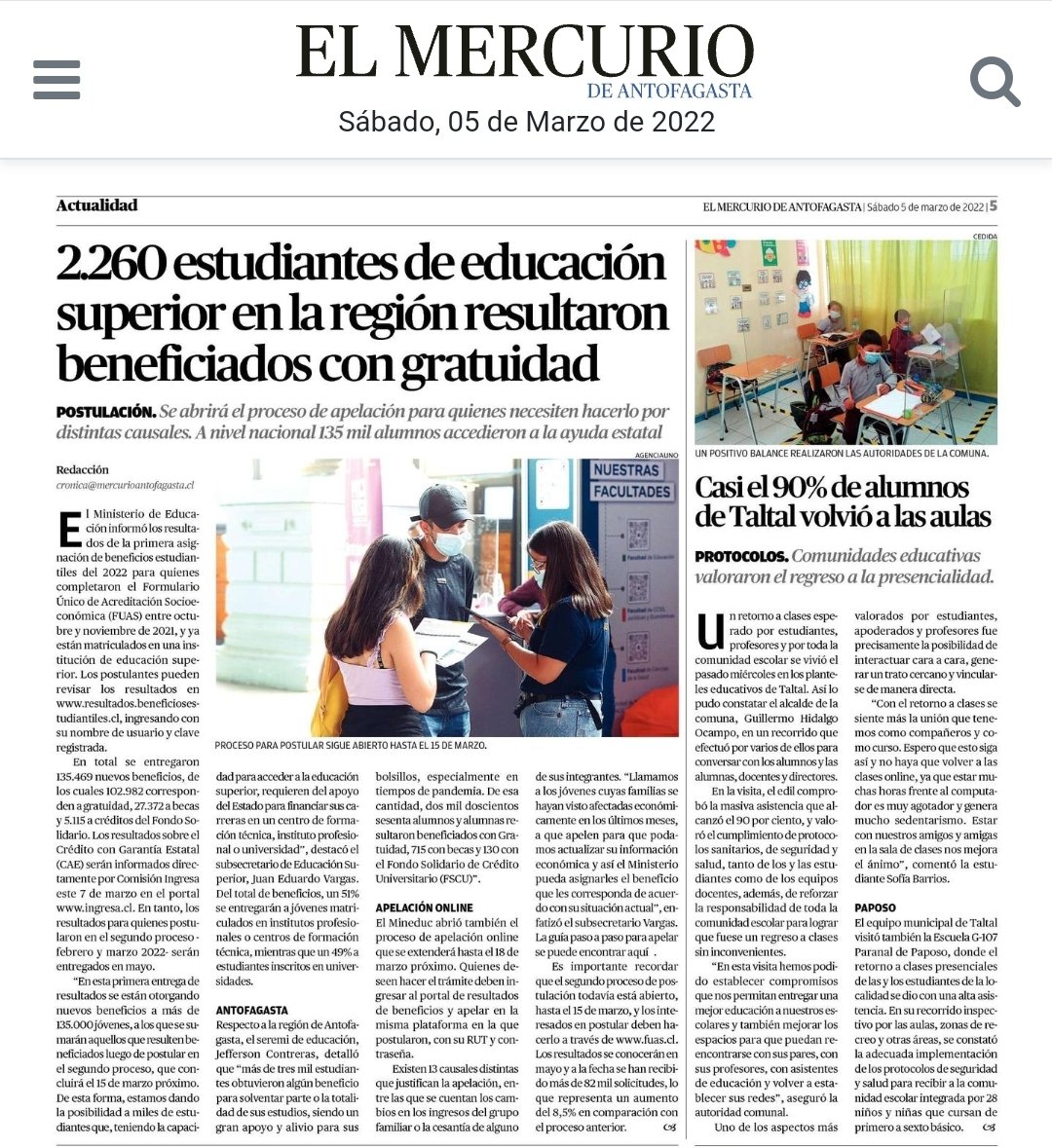 seremieducantof's tweet photo. 🗞¡Dos buenas noticias!🗞 Los medios de comunicación destacaron la gran asistencia presencial en los establecimientos 🏫 de la región de #Antofagasta 👏 y, también, a los más de 2mil alumnos(as) de la región que fueron beneficiados(as) con Gratuidad en Educación Superior😉 https://t.co/13sPGgw5MK