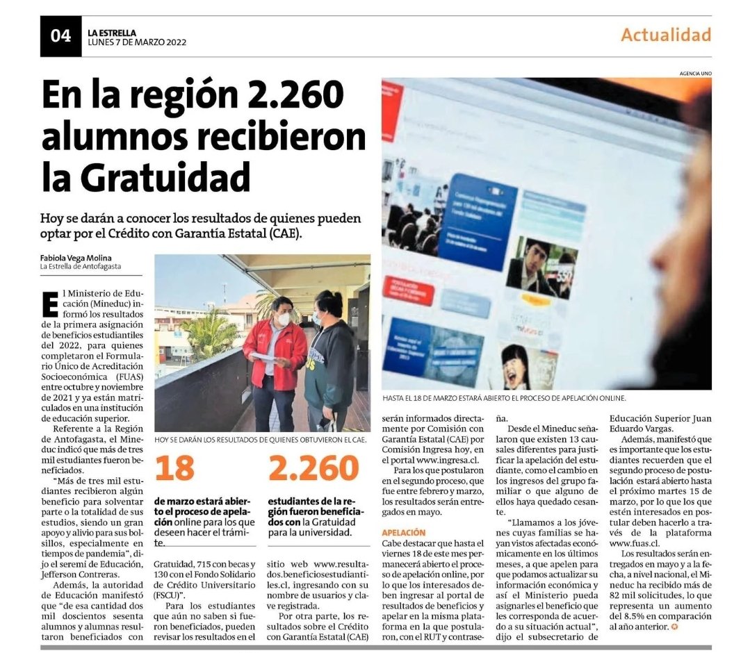 seremieducantof's tweet photo. 🗞¡Dos buenas noticias!🗞 Los medios de comunicación destacaron la gran asistencia presencial en los establecimientos 🏫 de la región de #Antofagasta 👏 y, también, a los más de 2mil alumnos(as) de la región que fueron beneficiados(as) con Gratuidad en Educación Superior😉 https://t.co/13sPGgw5MK