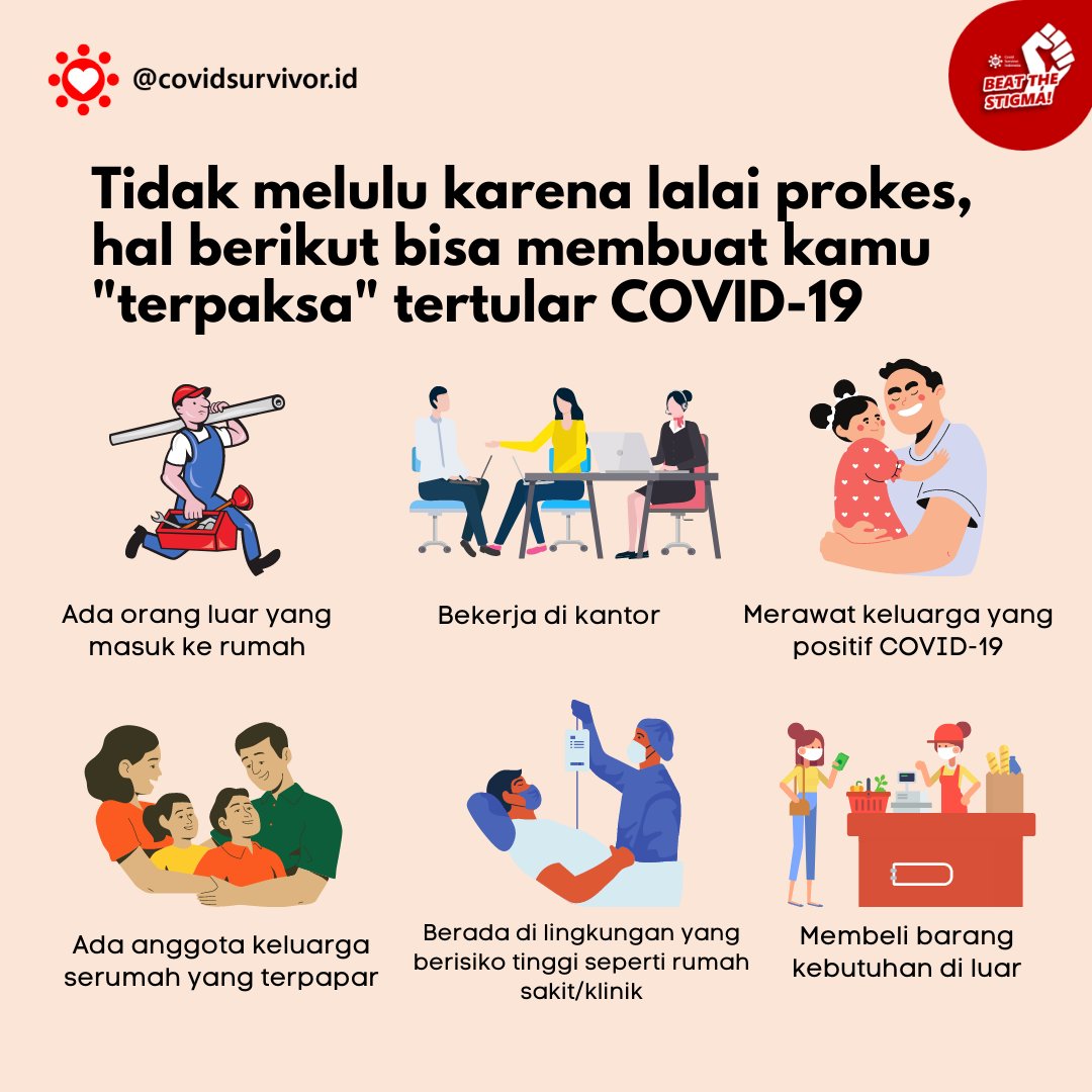 "Si itu kena covid, pake maskernya pasti ga bener"

"Ibu yg di rumah pojok kena covid, gimana sih tuh prokesnya"

~Hey anda! Gak semua orang kena Covid itu krn lalai prokesnya. Yuk upgrade lagi edukasinya 😁