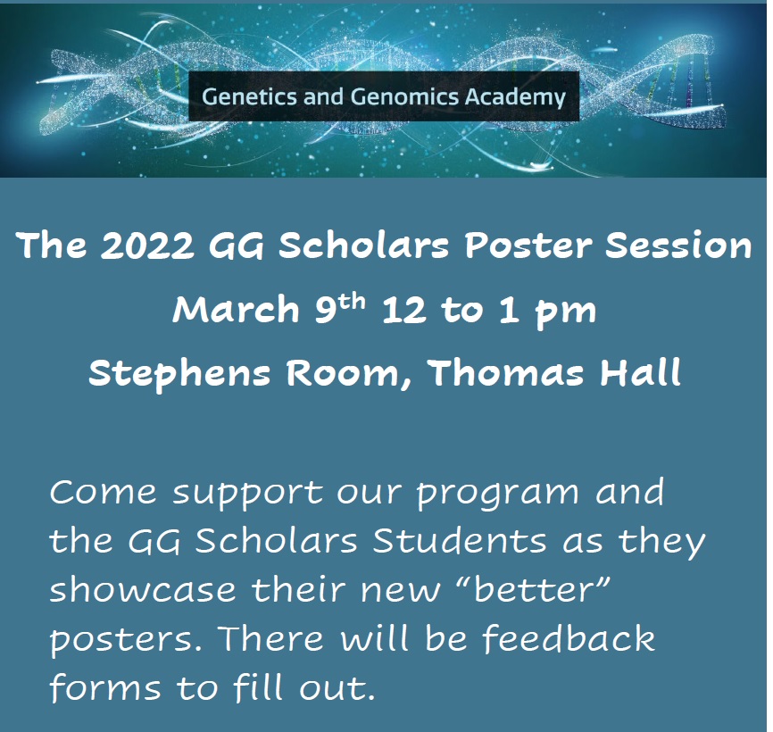 NCStateGGAGrad's tweet photo. Hello All - We are excited about the #GGScholars Poster Session this Wednesday at noon in the Stephen's Room - introducing their new "better" posters. Come on down! https://t.co/xRk806HPGZ