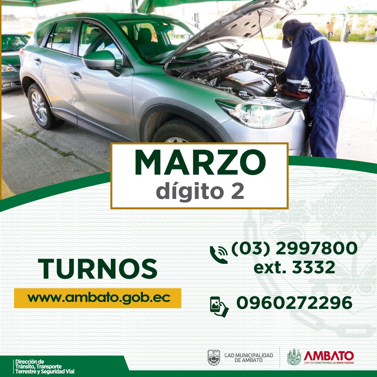 Para el mes de Marzo se matriculan los vehículos con dígito 2. 
Para obtener un turno puedes ingresar al siguiente link: 👉👉👉gadmatic.ambato.gob.ec/turno/ o comunicarte a los números de nuestros call center.