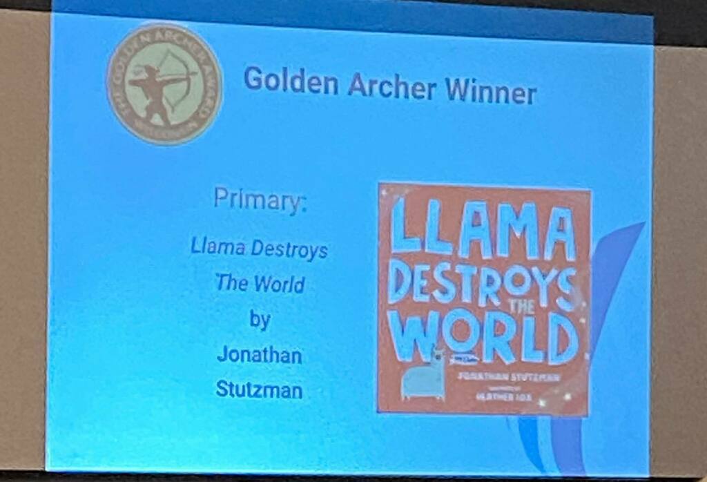 LCelementaryLMC's tweet photo. Mrs. Zunker &amp; Mrs. Ackermann are learning today at the state school library conference. Just announced…the Golden Archer primary winner is Llama Destroys the World! https://t.co/V17jAR9rys https://t.co/KGOr03vdJb