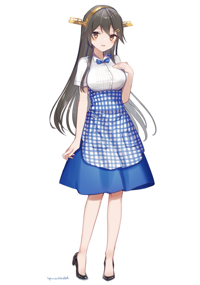 haruna (kancolle) 1girl solo long hair blue apron skirt white background blue skirt  illustration images