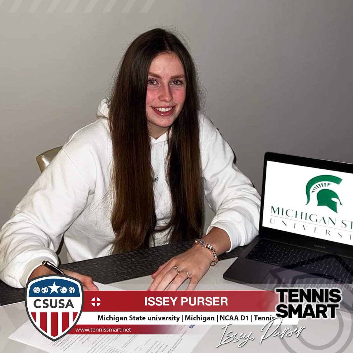 sarahborwell's tweet photo. Massive congrats to #delgadoandLeeacademy .@LtaBerkshire @clairescourt @TennisSmart @CSUSA_tweets student athlete Issey Purser who commits to @MSU_WTennis for Fall 2022. Looking forward to supporting you through your @ITA_Tennis journey & beyond. @SOTGTennisCamps #4pathways https://t.co/wM9CHiSelF