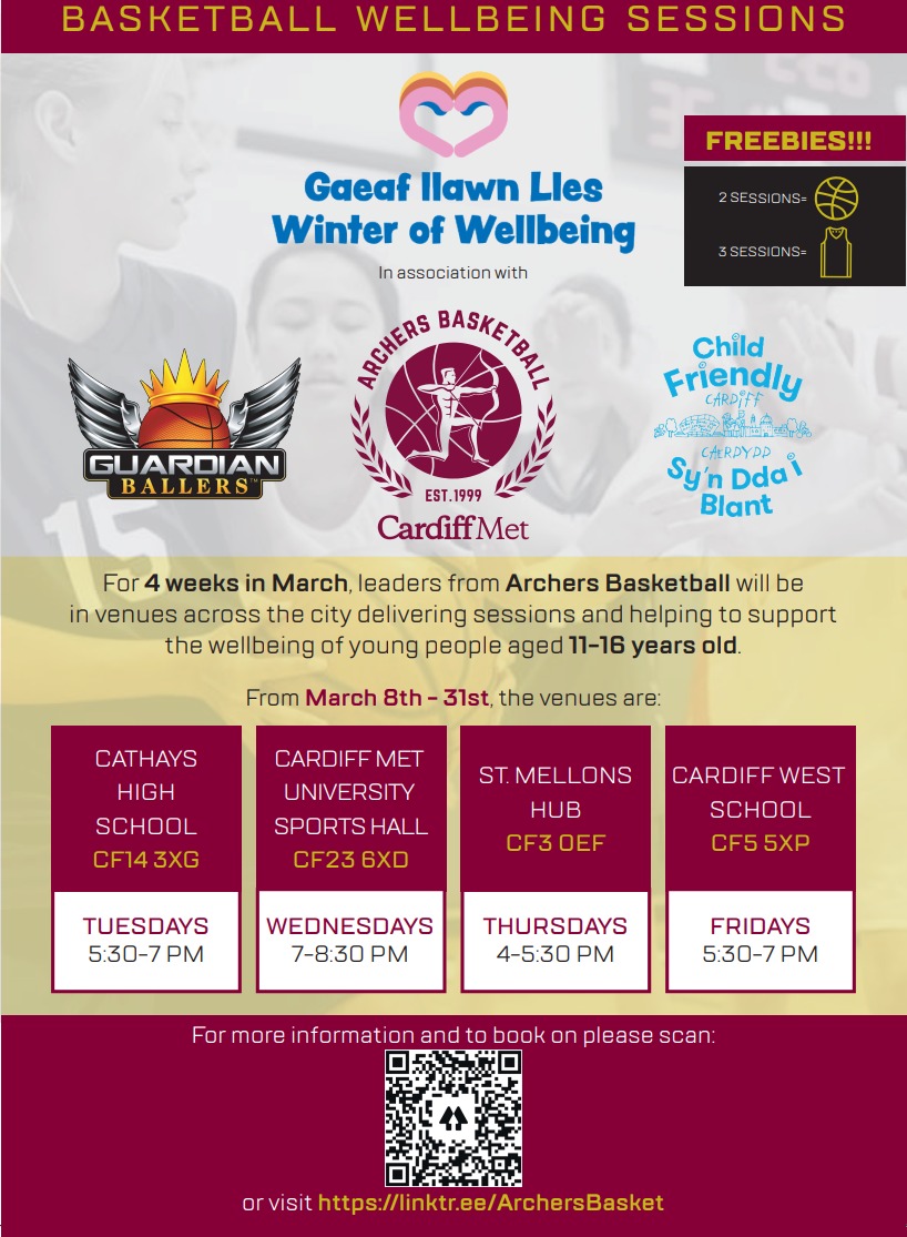 We are very lucky to be having <a href="/ArchersBasket/">Cardiff Met Archers</a> and <a href="/GuardianBallers/">GuardianBallersUK</a> in school delivering their basketball wellbeing sessions over the coming weeks for 11-16 year olds! Scan the QR code to sign up. You even get a free ball and reversible jersey too for coming to three sessions!!!