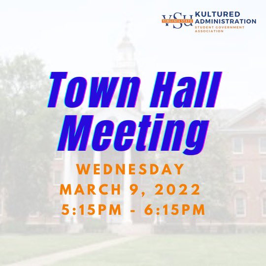 TOWN HALL MEETING! 🗣
 
Join us for our second Virginia State University Town Hall Meeting of the semester on Wednesday‼️ Be a part of this if you have any questions, comments or concerns. 
 
Let’s stick together and keep the conversations going Trojans. 🧡💙
 
#KulturedAdmin
