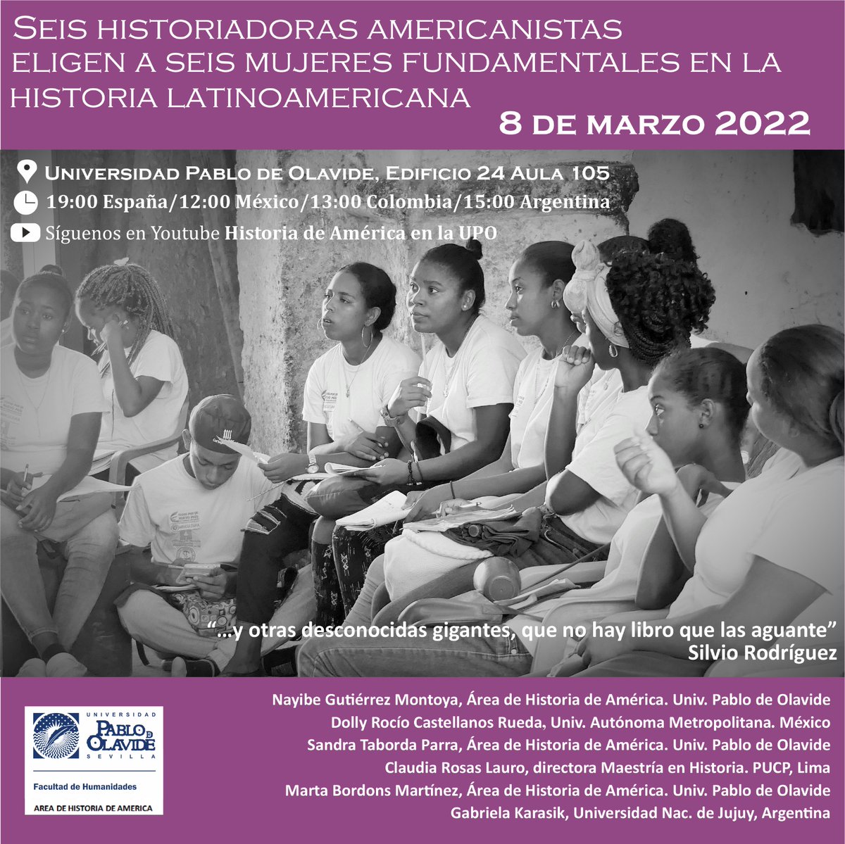 Invitación #8M✨Actividad "Seis historiadoras americanistas eligen a seis mujeres fundamentales en la historia latinoamericana”.
Organiza: @AmericaLat_UPO 
🗓08/03/2022
⏰19:00 horas
📍 Retransmisión youtu.be/3M7xsuxyaIA
✨Info. #8M #UPO ↘️ upo.es/upsc/igualdad/…