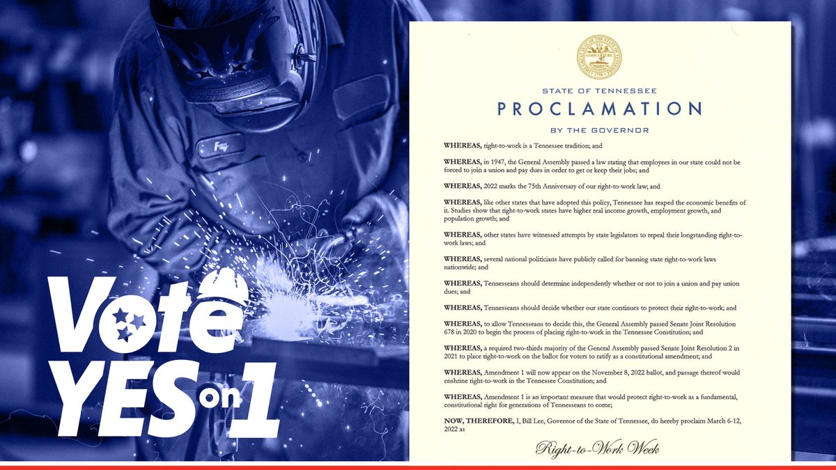 GovBillLee's tweet photo. For 75 years, #Right2Work has protected Tennesseans’ freedom in the workplace &amp; kept our economy strong. I’m proud to proclaim it Right-to-Work Week &amp; encourage Tennesseans to #VoteYESon1 this November to protect worker freedom &amp; TN jobs for generations to come. @TNRight2Work https://t.co/I1n7eDRx69