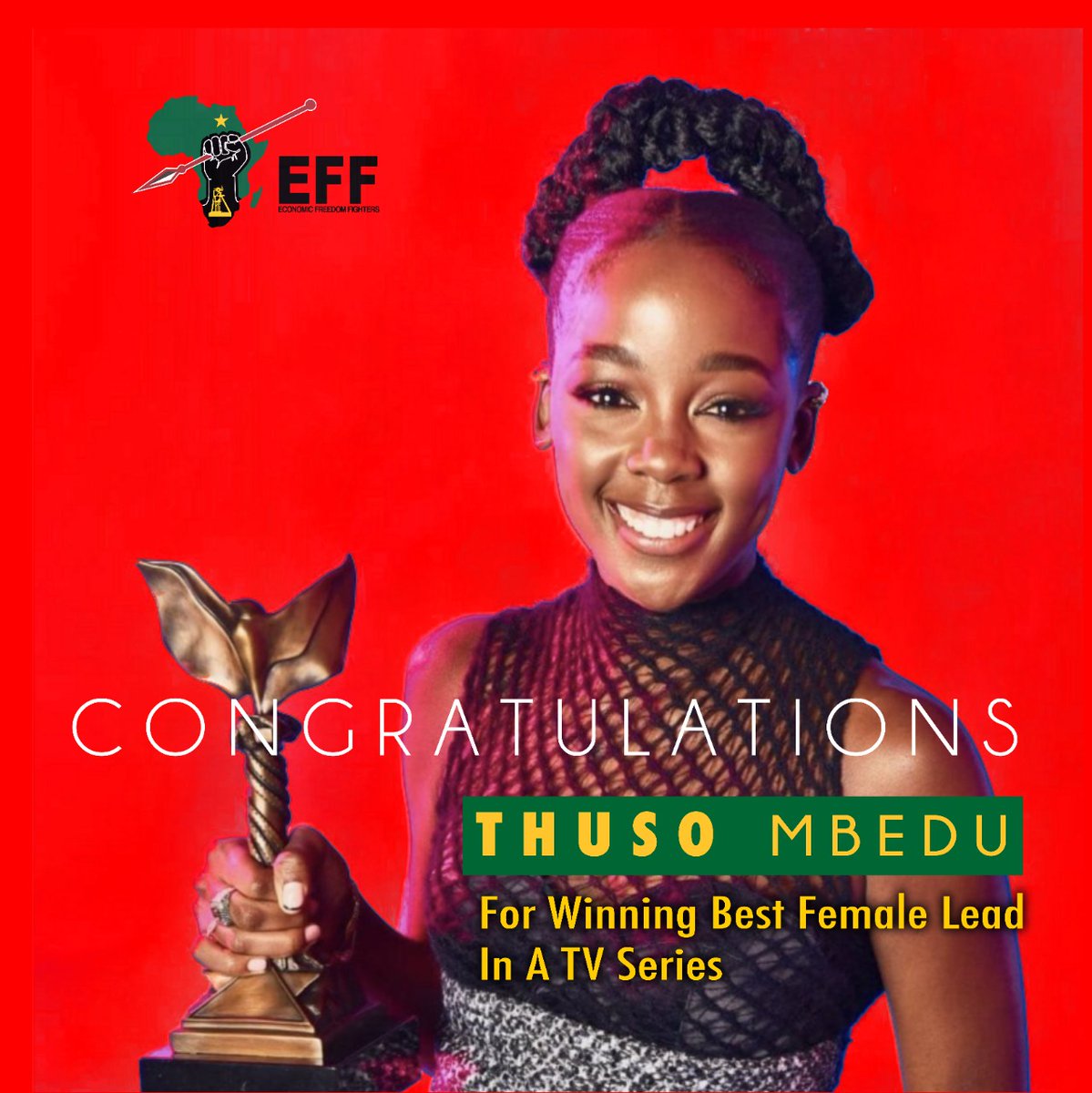 EFFSouthAfrica's tweet photo. The EFF congratulates “The Underground Railroad” star Thuso Mbedu, for bagging yet another international award.

iEFF ithi HALALA! https://t.co/zcawvpPys1