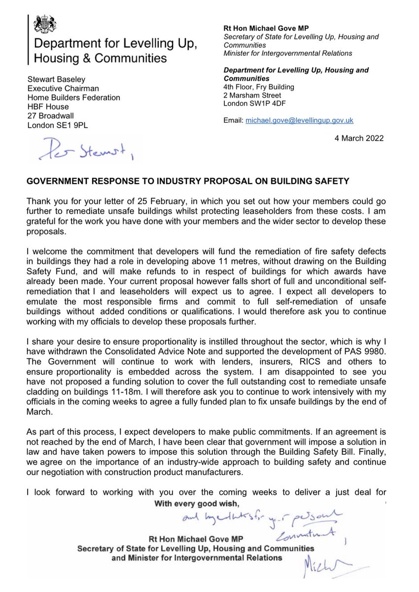 New: Michael Gove tells builders their current plans to fund the cladding crisis “falls short of full and unconditional self- remediation” and if they don’t come up with a plan he likes by the end of the month - he will “impose a solution in law.” <a href="/LBC/">LBC</a>