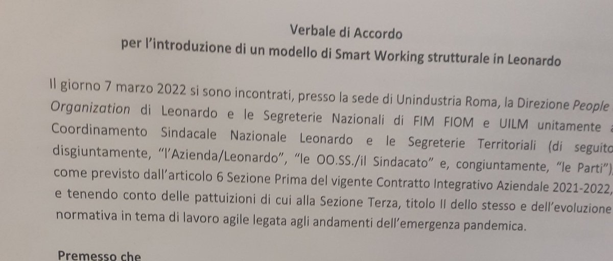 In corso a Roma nella sede dell'unione degli industriali ci si confronta sul testo bozza dell'accordo quadro di Leonardo sullo smart working. Con <a href="/UilmCampania/">𝑼𝒊𝒍𝒎 𝑪𝒂𝒎𝒑𝒂𝒏𝒊𝒂</a>