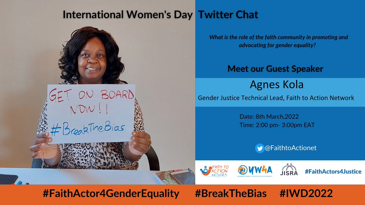 FaithtoActionet's tweet photo. 📣Are you ready for our Twitter Chat tomorrow? 
Meet our Guest Speaker, @AgnesKola. Agnes is the Gender Justice Technical Lead at @FaithtoActionet. She is a #WomensRights Advocate, and a Pan-African. 
#FaithActors4GenderEquality #BreakTheBias #IWD2022 https://t.co/5SWC1PUpkJ