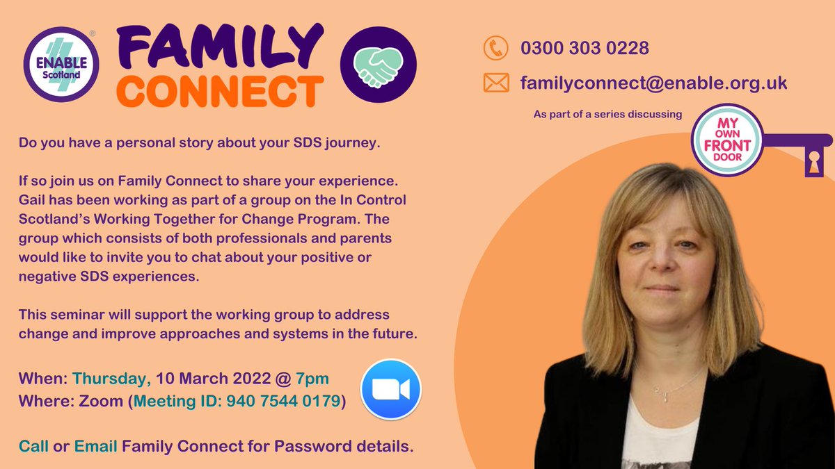 LaurenEnable's tweet photo. This Week on #FamilyConnect......
Do you have a story about your SDS journey?
If so join us to share your experience.
@Gail_Enable @InControlScot #SDS #ENABLEScotland #MyOwnFrontDoor #WorkingTogetherForChange https://t.co/5ksIklI90Z