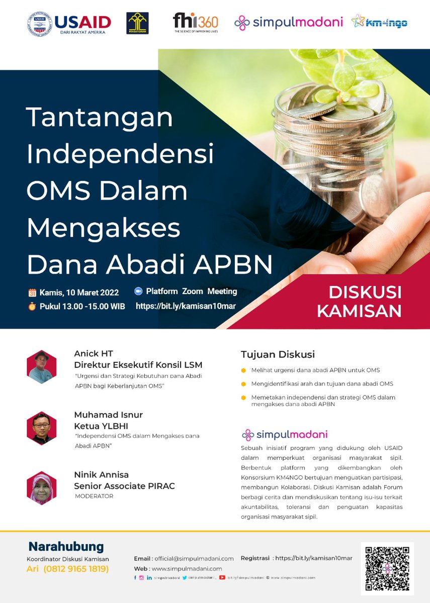 simpulmadani_'s tweet photo. Sila daftarkan partisipasi Anda dalam #DiskusiKamisan #simpulmadani pekan ini melalui https://t.co/tjSbckqYox. Gratis, terbuka bagi siapa saja. @LSM_Akuntabel
@YLBHI @PIRAC_ID 
#simpulmadaniiHub
#organisasimasyarakatsipil
#OMS
#APBN
#KM4NGO
#USAIDMADANI https://t.co/8uTiobwtAC