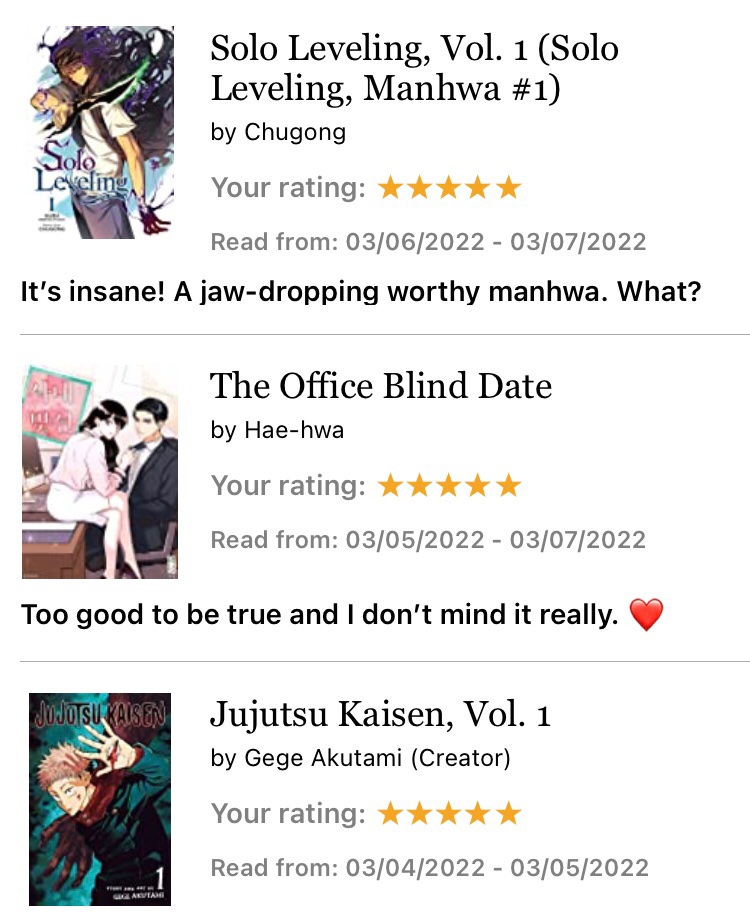 sandonpaper's tweet photo. 9. Jujutsu Kaisen vol. 1
10. The Office Blind Date
11. Solo Leveling vol. 1
ALL 5/5โญ๏ธ !!!!
#marchread https://t.co/vv8HmQtyZ6