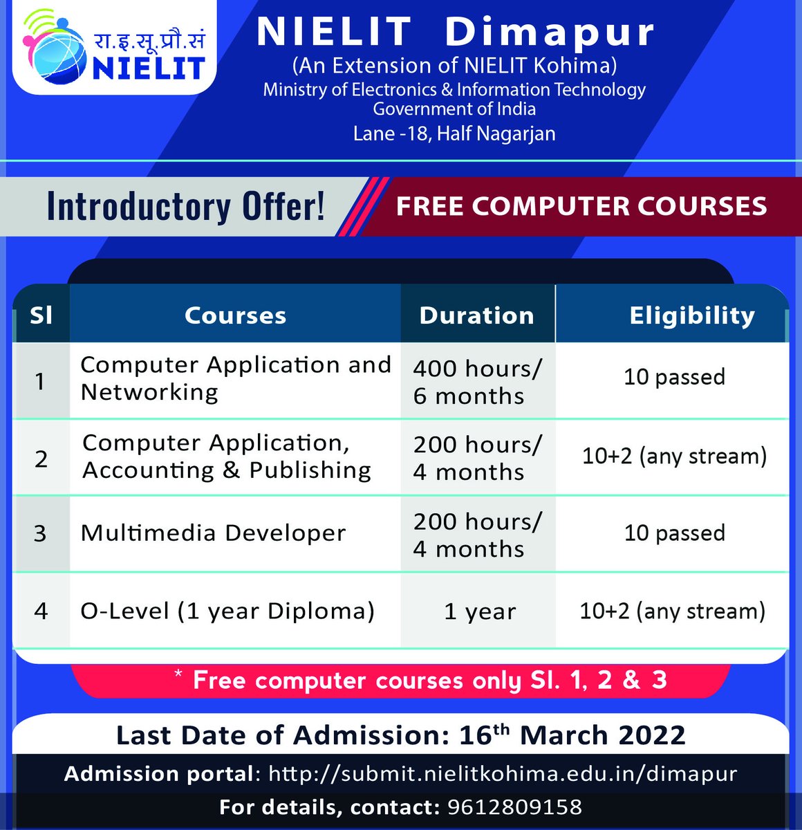 KHM_NIELIT's tweet photo. Avail the introductory offer to undergo free computer courses @NIELITIndia @CHU_NIELIT https://t.co/Usi8q1bos7