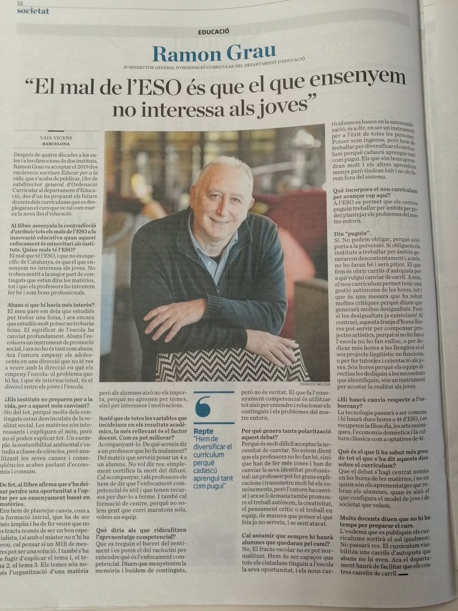 Que una persona amb una interpretació tan simplista dels problemes de l’ESO sigui el responsable de l’elaboració del currículum només constata que al Departament d’<a href="/educaciocat/">Educació</a> han perdut totalment el nord!

#CambrayDimissio
#NegociacioRealJa
#VagaEducacio
#fotielcampSrGonzalez