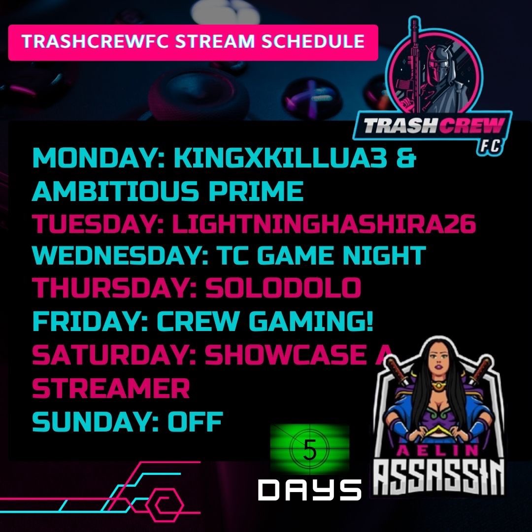 trashcrewfc's tweet photo. Coming at that ASS with 5 straight days of streaming, 4 different trash faces. All leading up to our Showcase a Streamer interview with the GOAT that is @AelinAssassin !! So pumped! We donβt look at numbers much but we are now on a push to 500 followers on twitch π€© https://t.co/4Lyqu0Qg4M