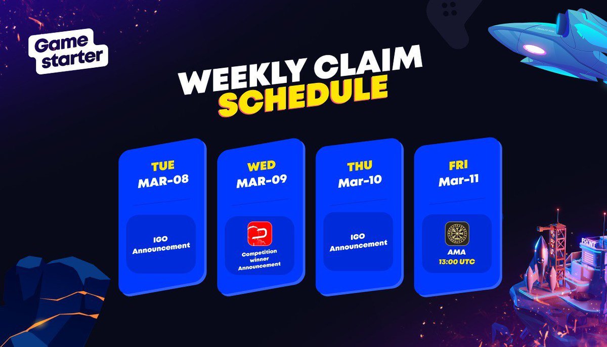 gamestarter's tweet photo. Mark your calendar with #Gamestarters weekly claim schedule🎉
⚡️@PolyGodIO
⚡️@DarkFrontiersGS https://t.co/6W97O2uiWG